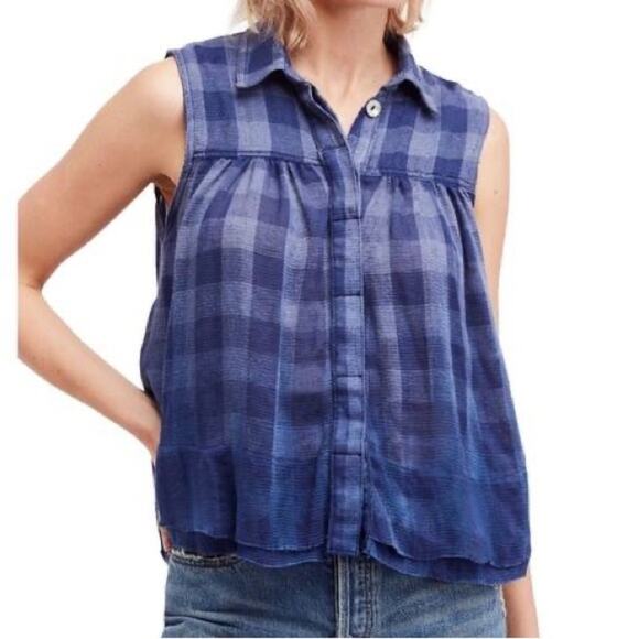 Free People Hey There Sunrise Button Up Shirt, Blue Checkered Dip Dye, Size S - Picture 1 of 8